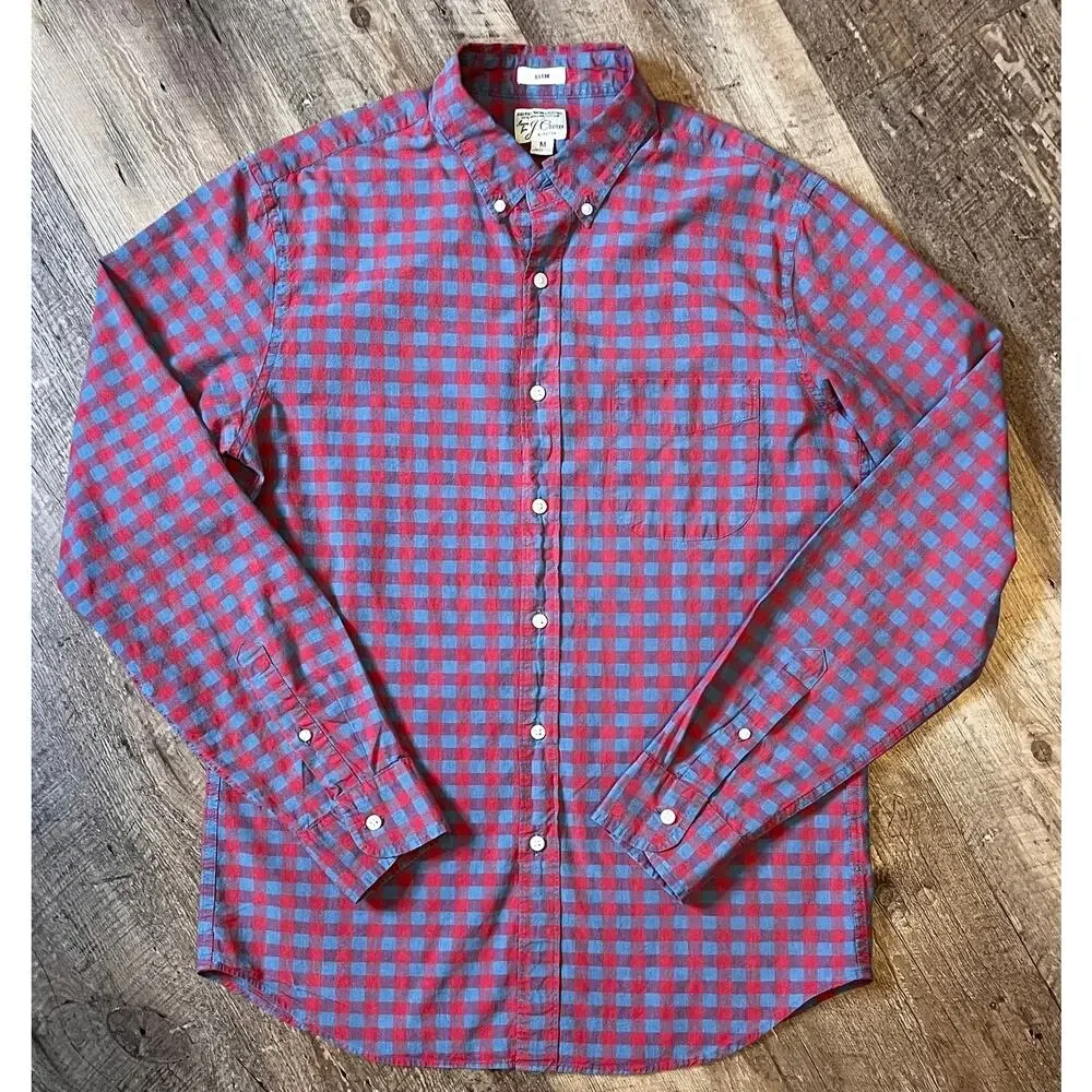 J.Crew Secret Wash Slim Fit Red Blue Gingham Shirt Men's M